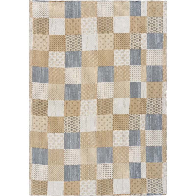 70" X 50" Beige Kantha Cotton Patchwork Throw Blanket with Embroidery