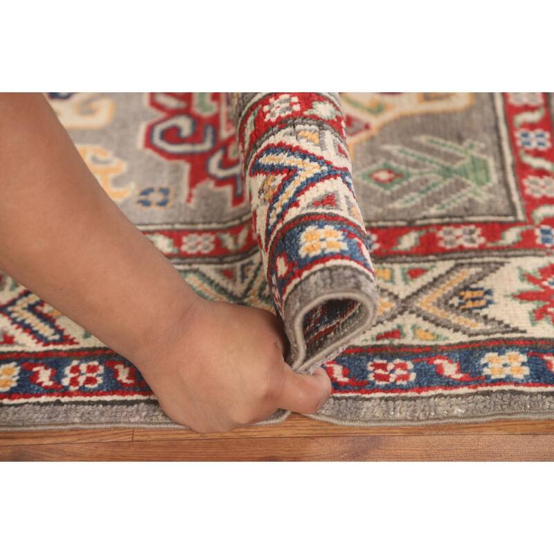 Geometric Kazak Accent Rug Hand-Knotted Grey Wool Carpet - 2'6" x 4'3"