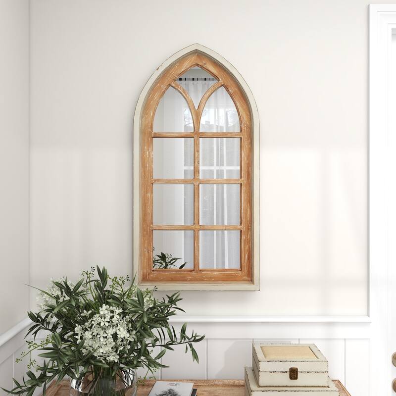 Wood Window Pane Inspired Room Wall Mirror with Arched Top and Distressing - Brown - Roche River Decor