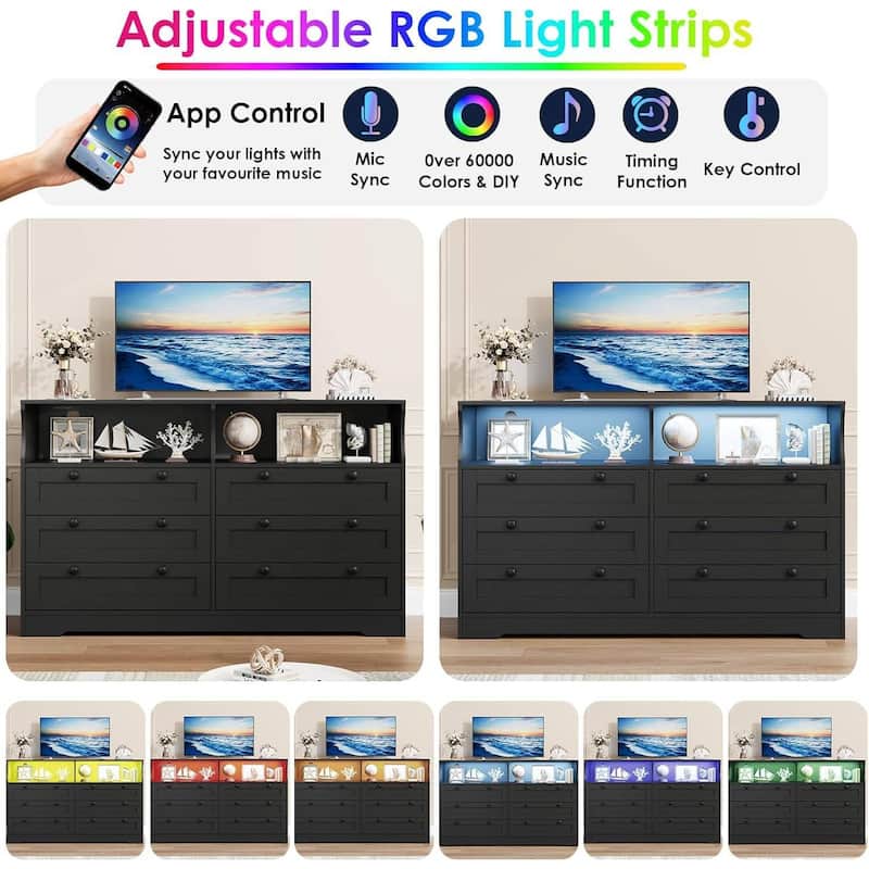 Modern 6 Drawer Dresser for Bedroom with Power Outlet and LED Light