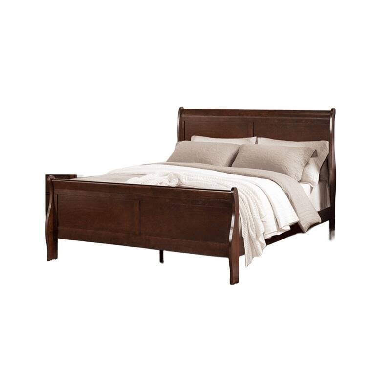 Queen Size Sleigh Bed in Dark Cherry, Transitional Style, Wood Veneer Finish