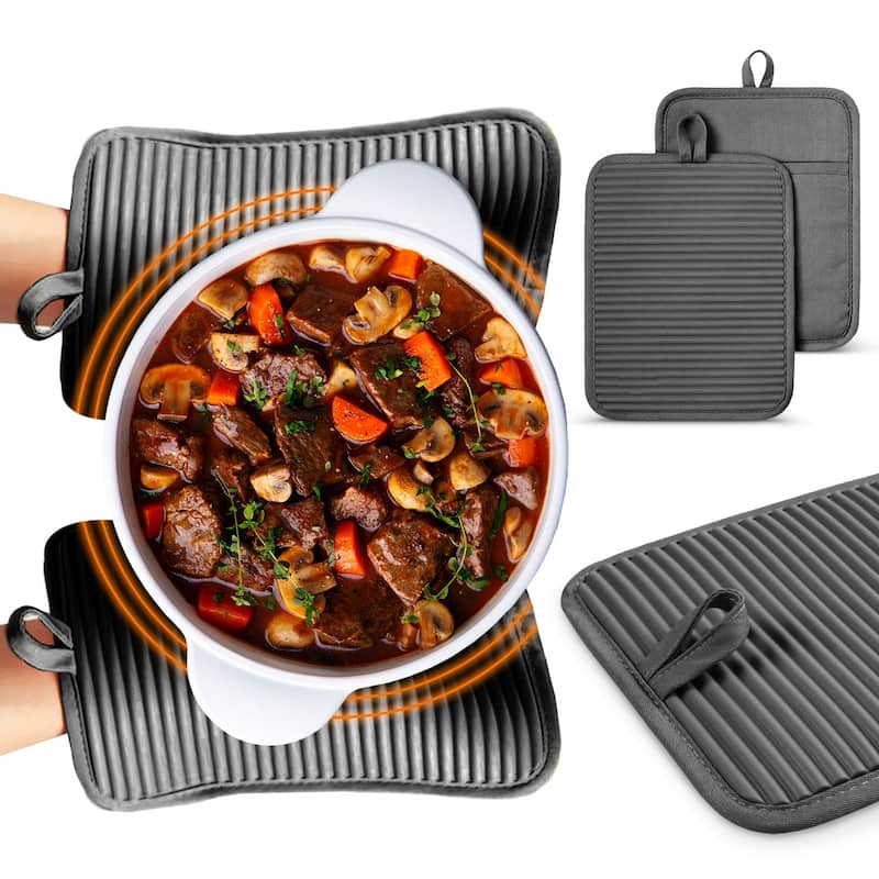 Cheer Collection Ribbed Silicone Pot Holders 2 Pack Cotton Lined - Black