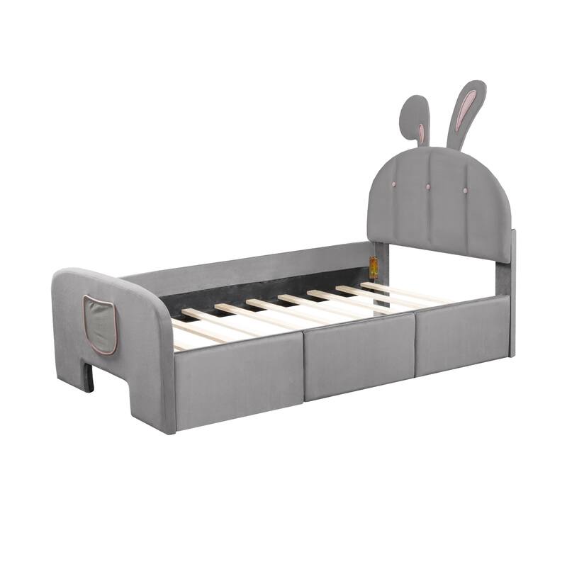 Velvet Platform Bed with Rabbit-Shaped Headboard,Drawers and Bed-End Storage Pocket
