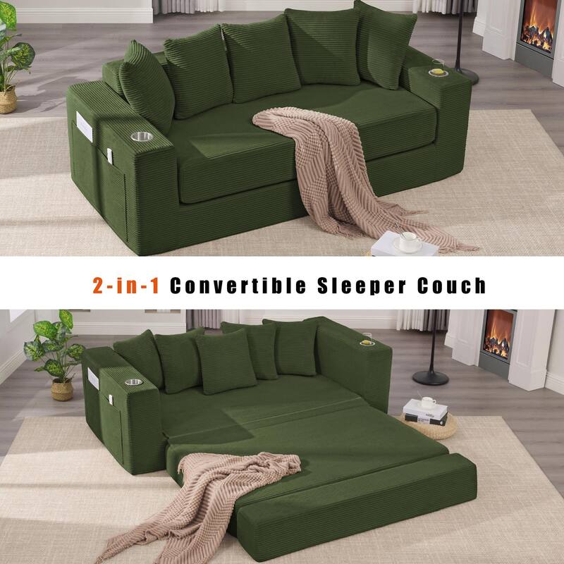 Convertible Corduroy Sleeper Loveseat Sofa Bed 3 Seater Floor Folding Couch with 5 Pillows, Cup Holders and Side Pockets