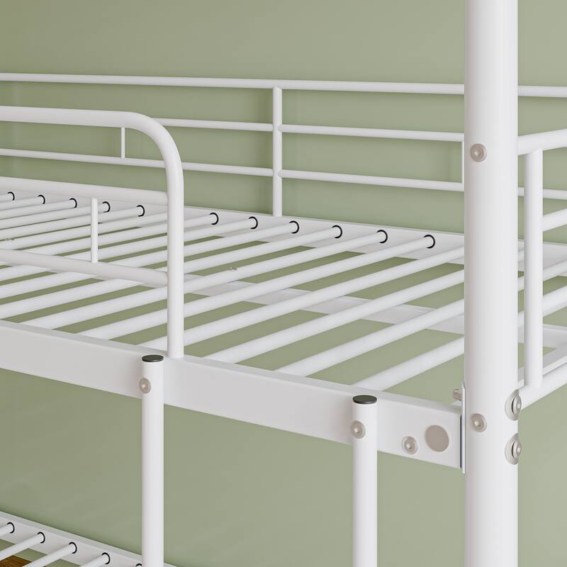 Heavy Duty Metal Triple Twin Bunk Bed with Guardrails, Ladder & Storage, Easy to Assemble