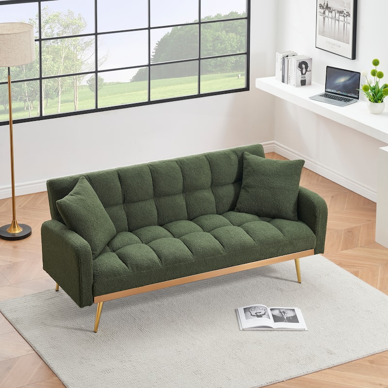 Futon Sleeper Sofa Bed Teddy Fabric Lounge Couch with 3 Speed Adjustable Back, Removable Armrest and Pillows for Small Space