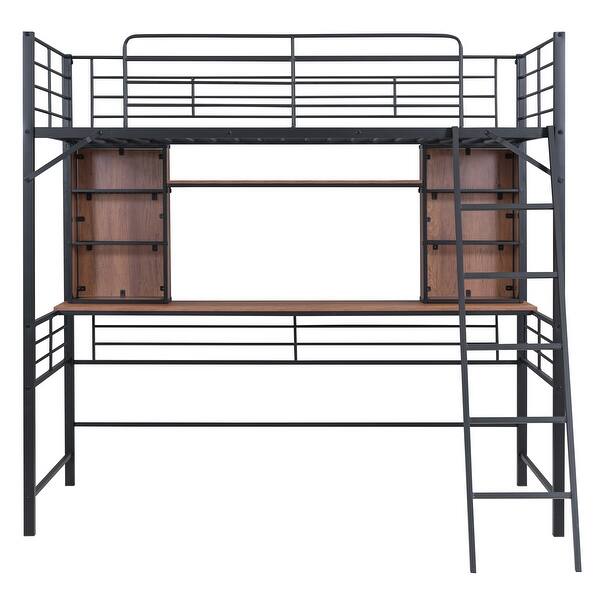 slide 2 of 10, Twin Size Metal Loft Bed Frame w/Desk & Storage Shelves, Ladder, Black Black - Twin