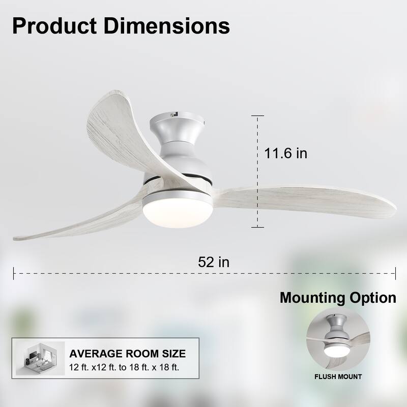 Sofucor 52inch Smart-controlled Flush-mount Ceiling Fan with Streamlined Curved Blades, Remote Control, and Dimmable LED Light