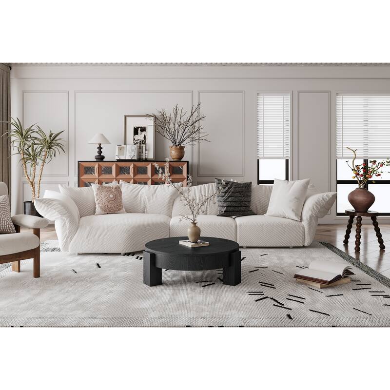 33" Round Coffee Table with Hidden Storage, Parquet Veneer Top Table, 3 Block Legs Sturdy Center Accent Table for Living Room