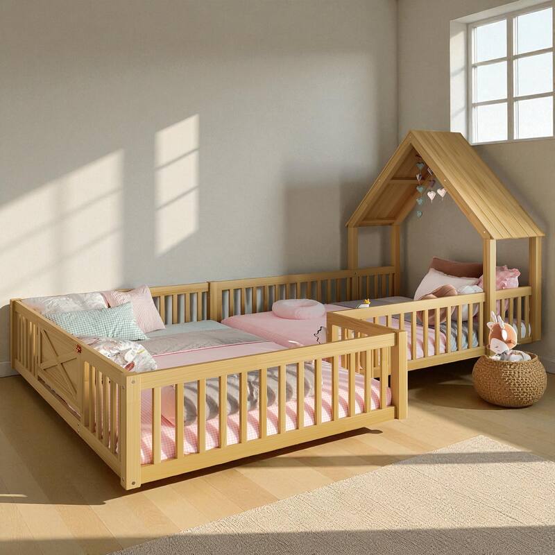 Twin/Full Size House Floor Bed with Door and Guardrails, Double Twin/Full Solid Wood Montessori Bed for Kids