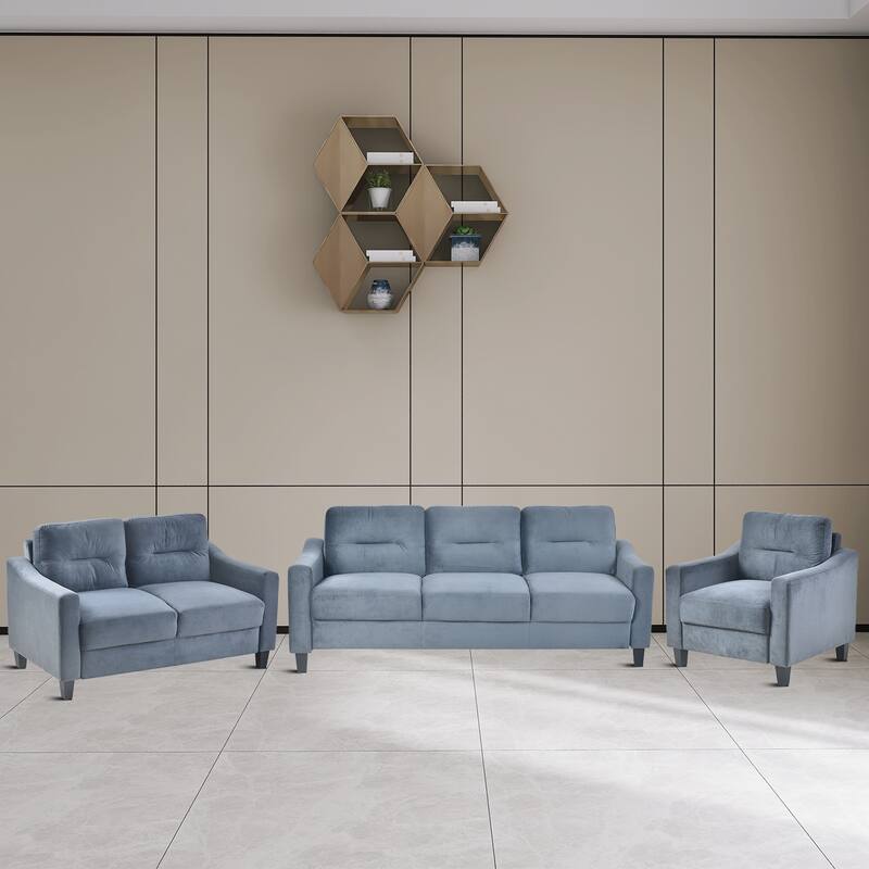 Modern Minimalist Velvet Upholstered 3 Piece Living Room Set - Grey