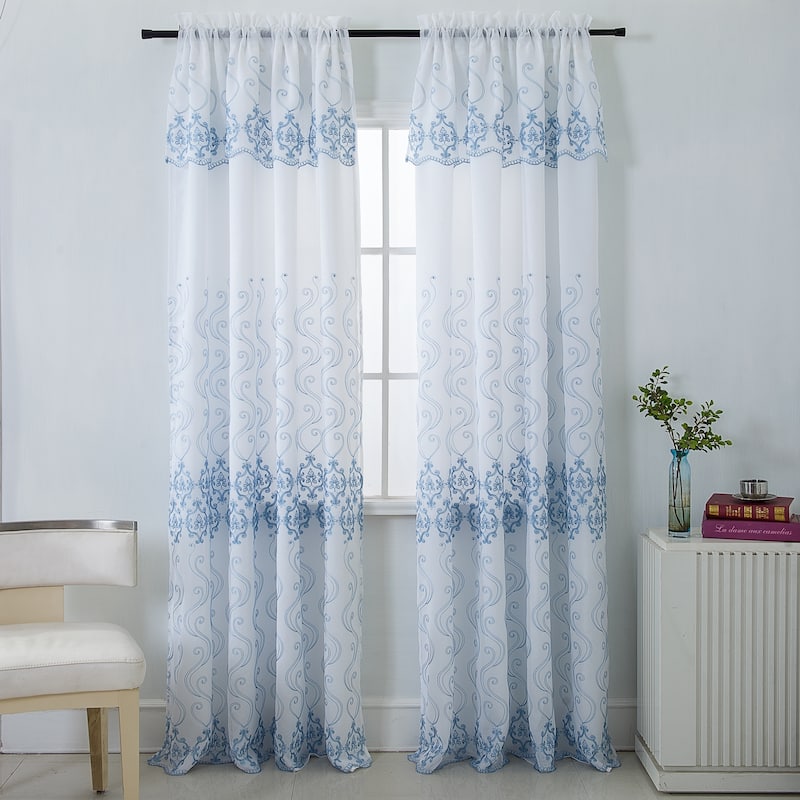 Porch & Den Easterday Damask Embroidered Rod Pocket Single Curtain Panel - 54 x 90 in.