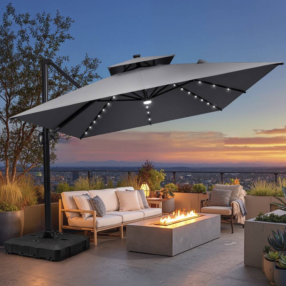 10 X 13 FT Outdoor Patio Cantilever Umbrella with Solar Lights All-Weather Wheeled Base Double Canopy 360 Rotation Tilt