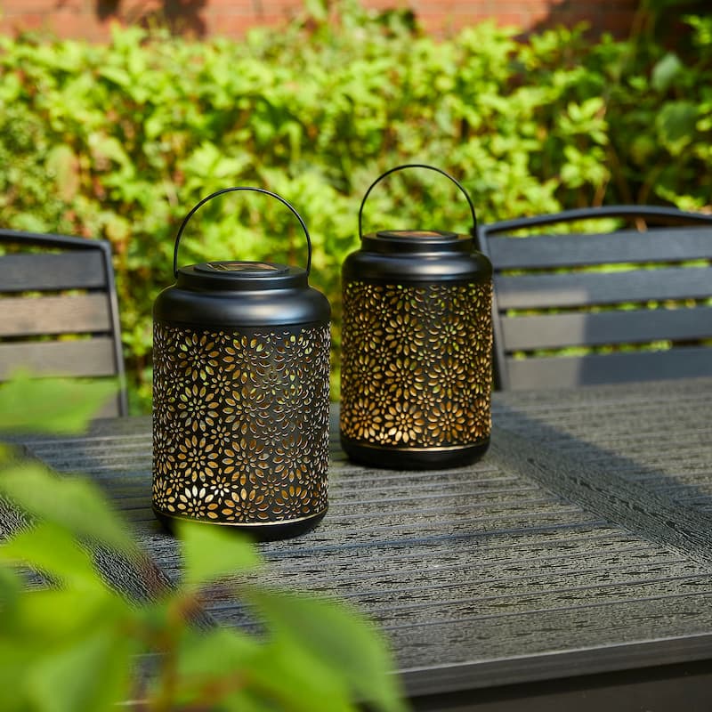 Glitzhome Set of 2 Metal Flower Solar Powered Outdoor Hanging Lantern