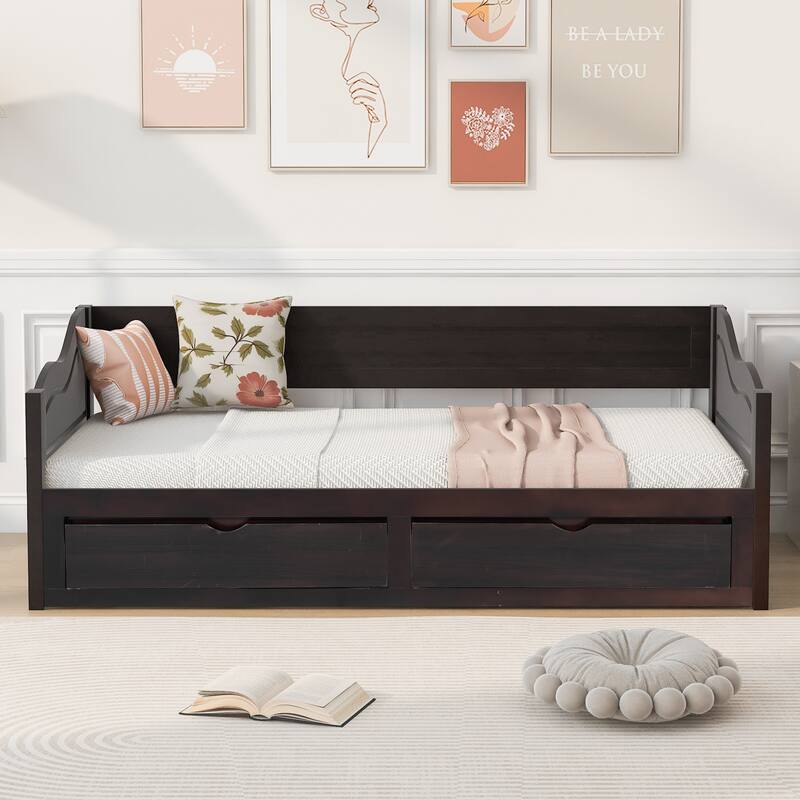 Roomfitters Wooden Twin Daybed with Trundle and Two Storage Drawers Extendable Solid Wood
