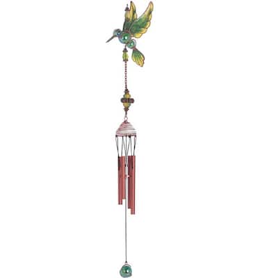 Q-Max 23" Long Green Hummingbird Copper and Gem Wind Chime Garden Patio Decoration