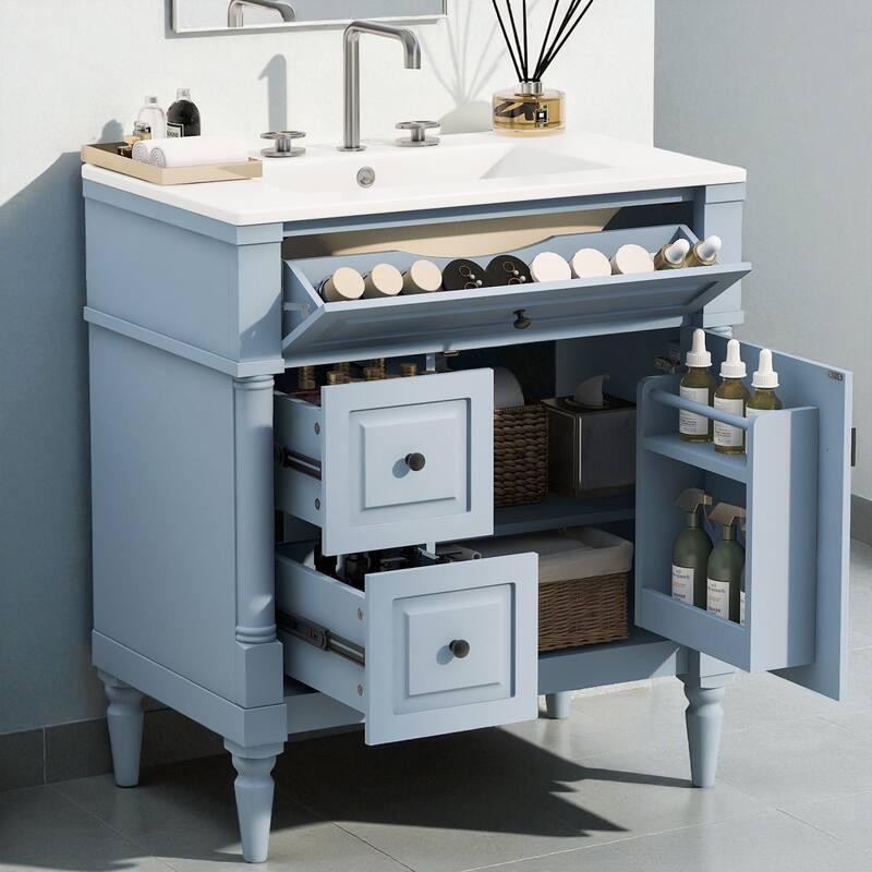 30" Freestanding Bathroom Vanity with Ceramic Sink, Solid Rubberwood Frame, Flip Drawer & Adjustable Shelf