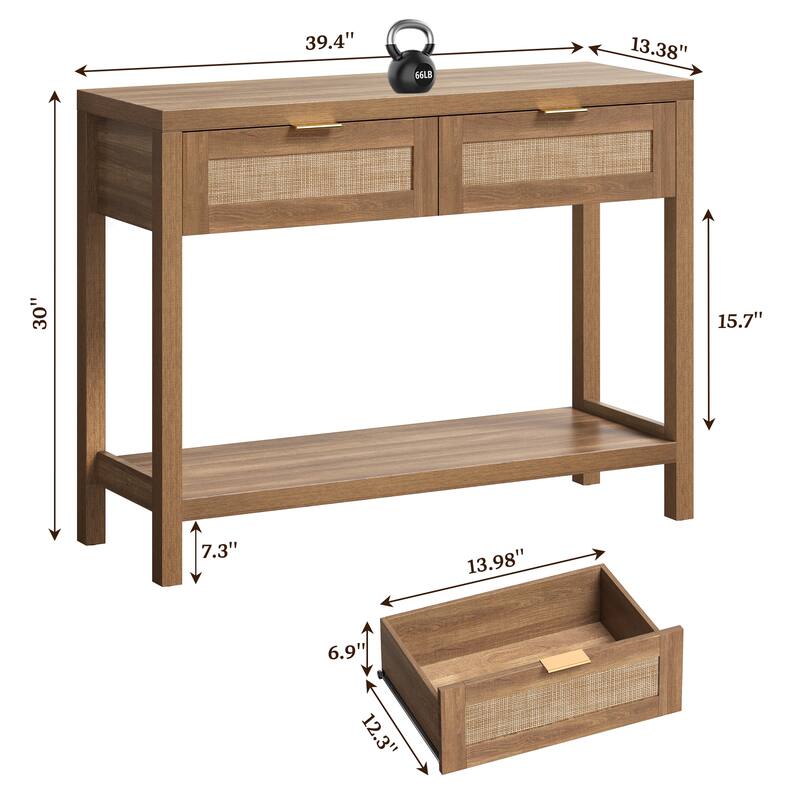 SICOTAS Rattan Console Table with 2 Drawers and Shelves - 30 x 39.4 x 13.8