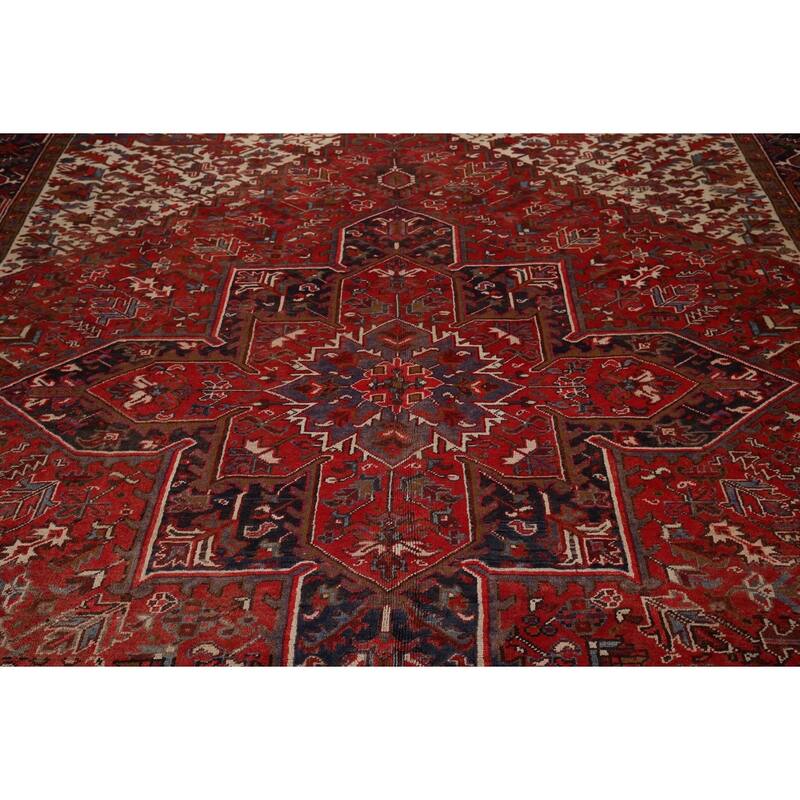 Geometric Heriz Vintage Persian Area Rug Hand-Knotted Wool Carpet - 10'4" x 12'9"