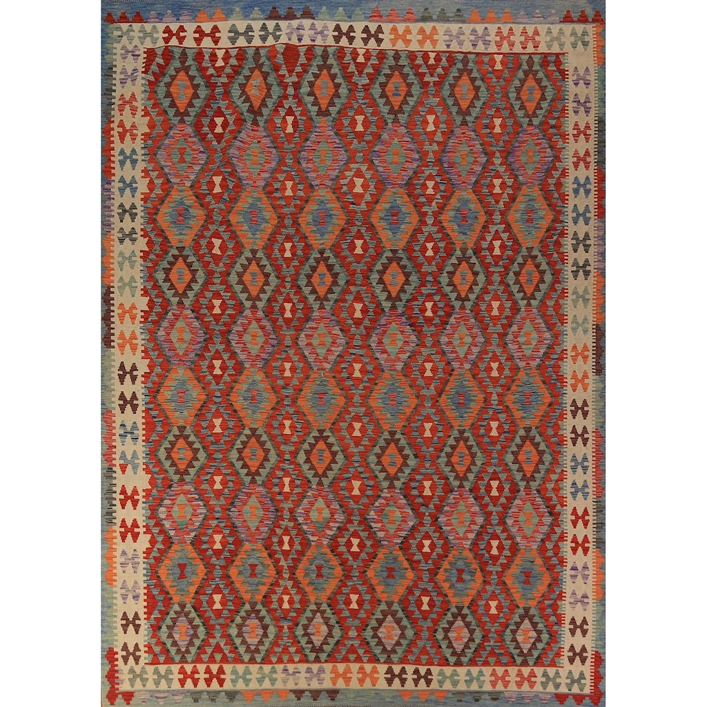 All-Over Orange Kilim Oriental Area Rug Hand-Woven Wool Carpet - 9'5"x 11'2"