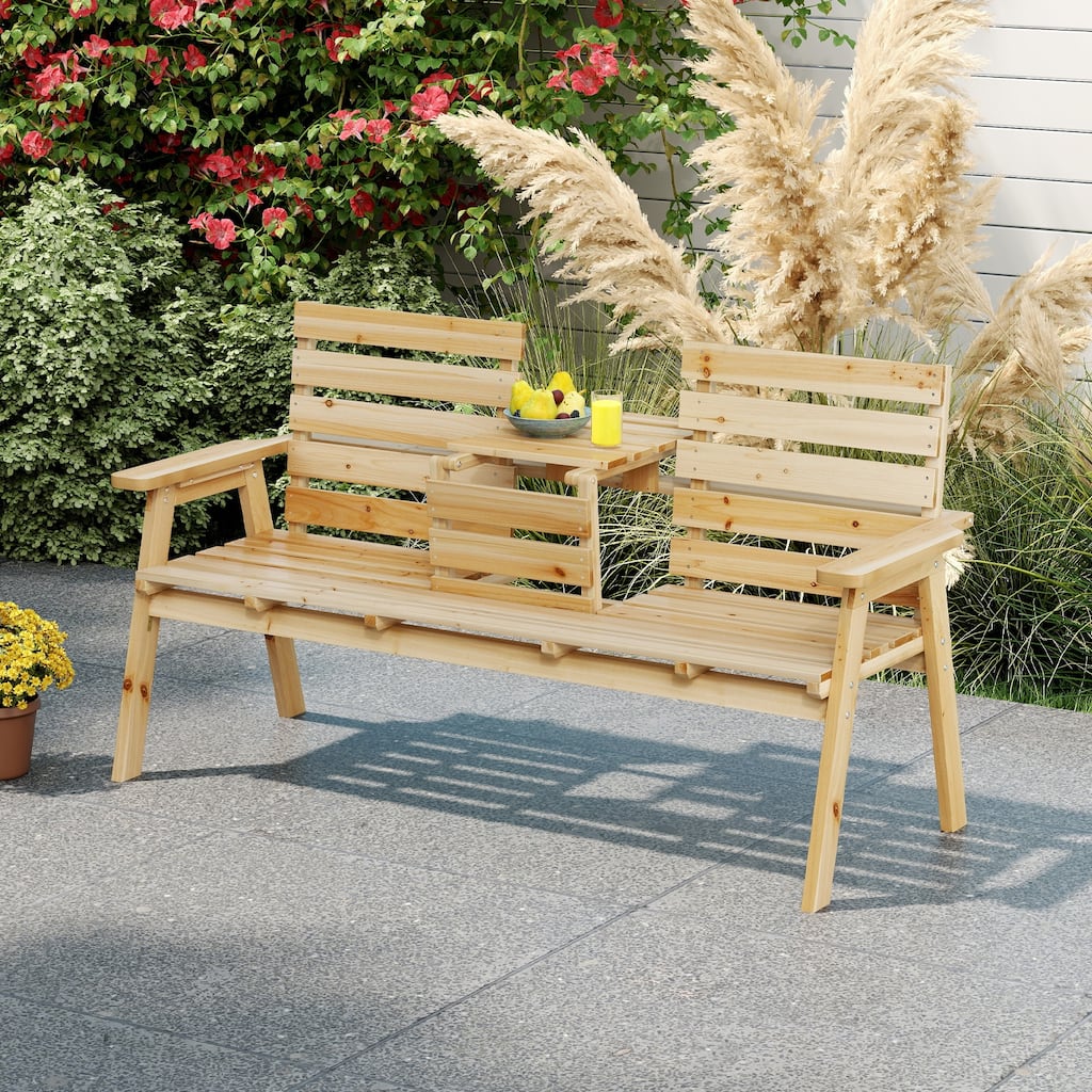 63" Natural Outdoor Fir Wooden Bench for 2-3 People with Foldable Middle Table for Garden Seating - 63" x 25" x 34" (L x W x H)