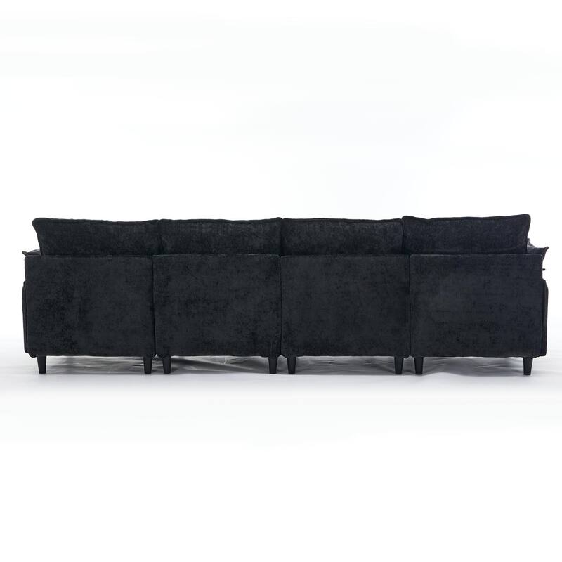 Modular U Shaped 6-Seater Convertible Chenille Sofa Set, Black