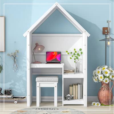 House-Shaped Kids Desk with a Cushion Stool