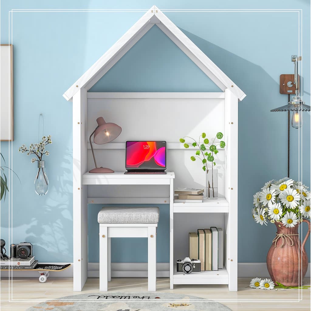 House-Shaped Kids Desk with a Cushion Stool