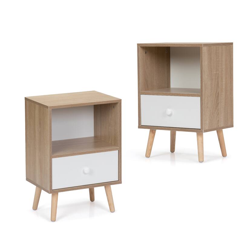 Wood Nightstand with Drawer and Shelf Set of 2