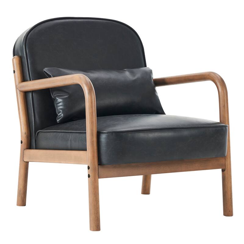 Mid-Century Modern Faux Leather & Solid Wood Accent Chair - Black