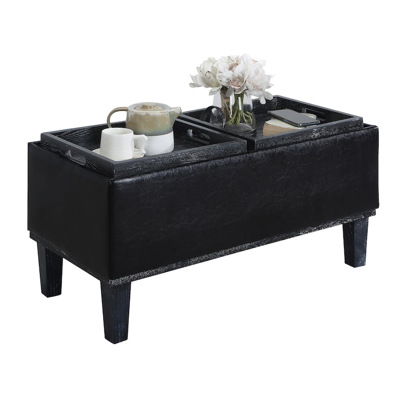 Upholstered Storage Ottoman with Dual Reversible Trays for Coffee Table, Seating and Storage in Small Spaces