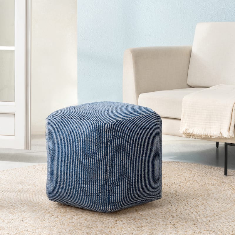 Jani 20-inch Ottoman Pouf - Handcrafted Handmade Ottoman for Seating, Footrest, Home Decor for Living Room, Bedroom - Ivory/Sailor Blue