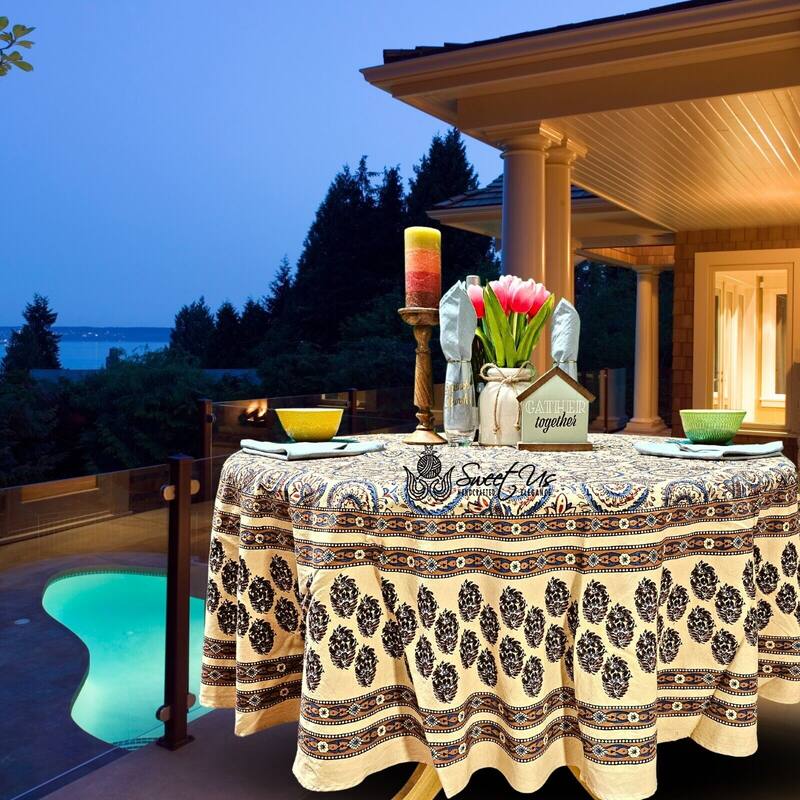 Earthy Spiral Floral Block Print Cotton Tablecloth Collection