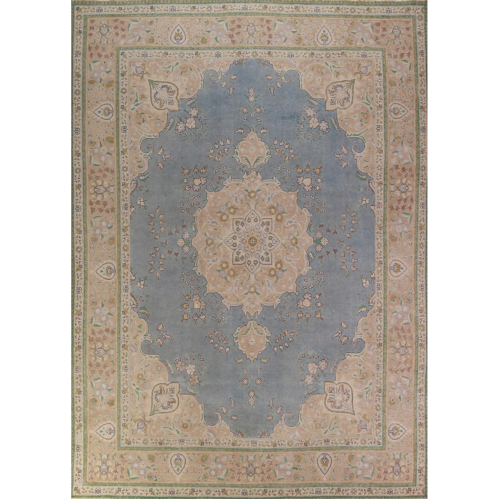 Floral Blue Tabriz Persian Vintage Rug Hand-Knotted Wool Carpet - 9'7" x 12'8"