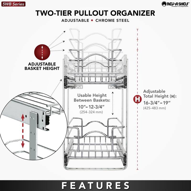 Rev-A-Shelf Pullout 2-Tier Basket Organizer for Kitchen Cabinets, 9 x 22 In, 5WB2-0922CR-1