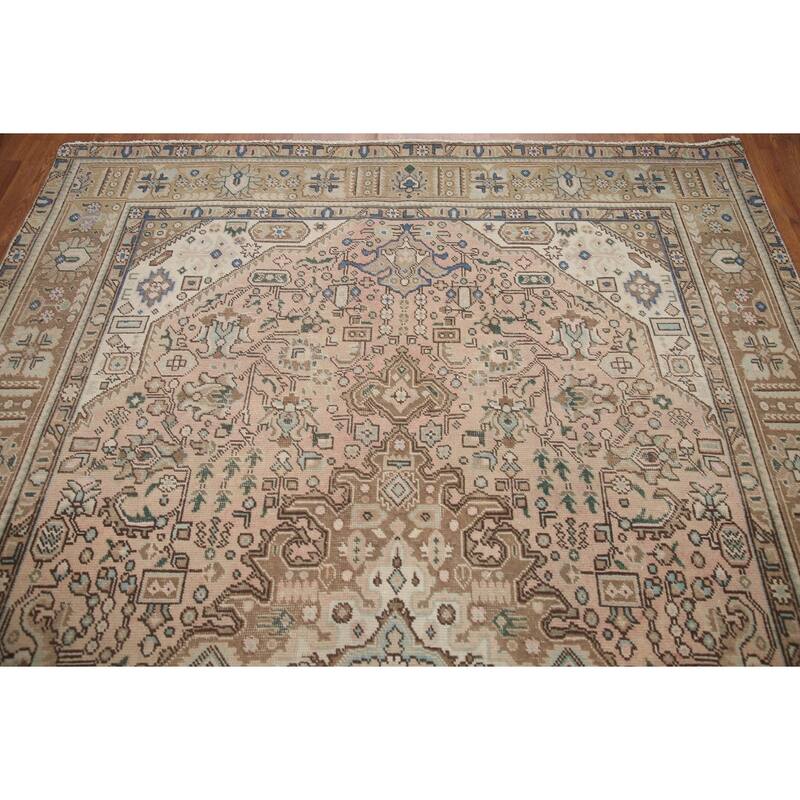 Hand Knotted Oriental 100% Wool Carpet Traditional Medallion Pink Tabriz Area Rug - 9' 4'' X 6' 4''