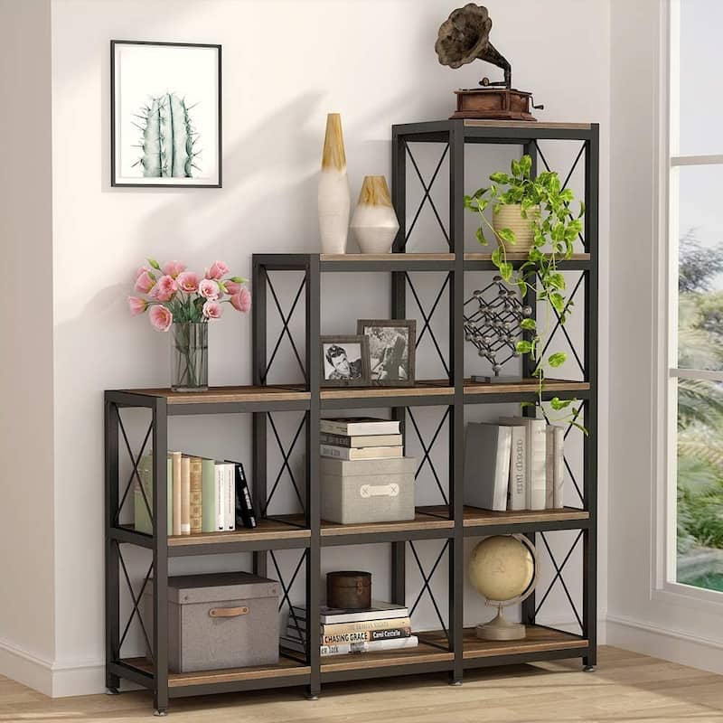 12 Shelves Ladder Bookshelf, Industrial Corner Bookshelf - Black/Brown