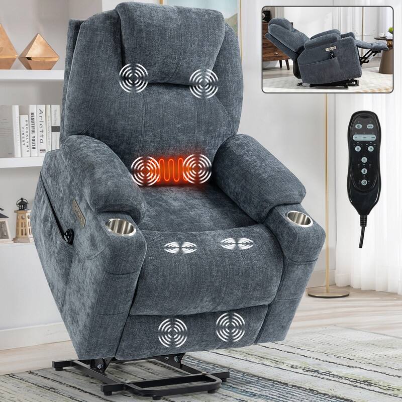 Heavy Duty Chenille Power Lift Recliner for Elderly with Massage, Heating, USB Ports and Cup Holders