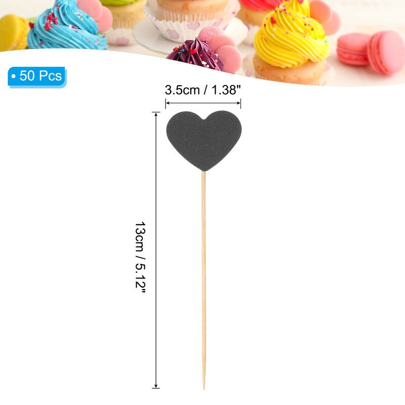 50Pcs Heart Cupcake Toppers,Star Cupcake Picks Birthday Decoration - Black