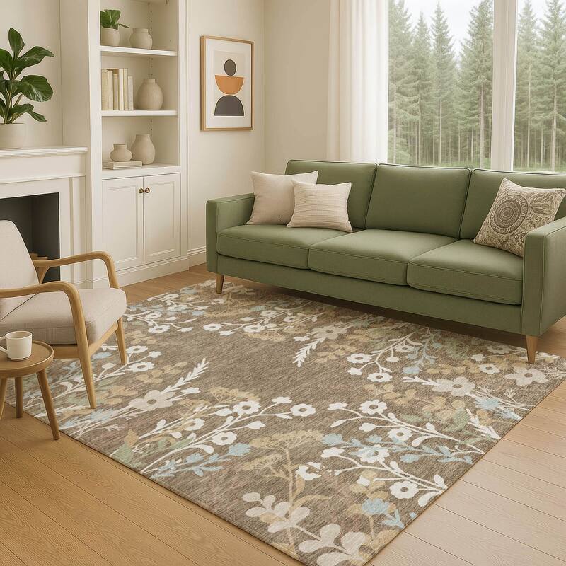 Machine Washable Indoor/ Outdoor Floral Border Chantille Rug