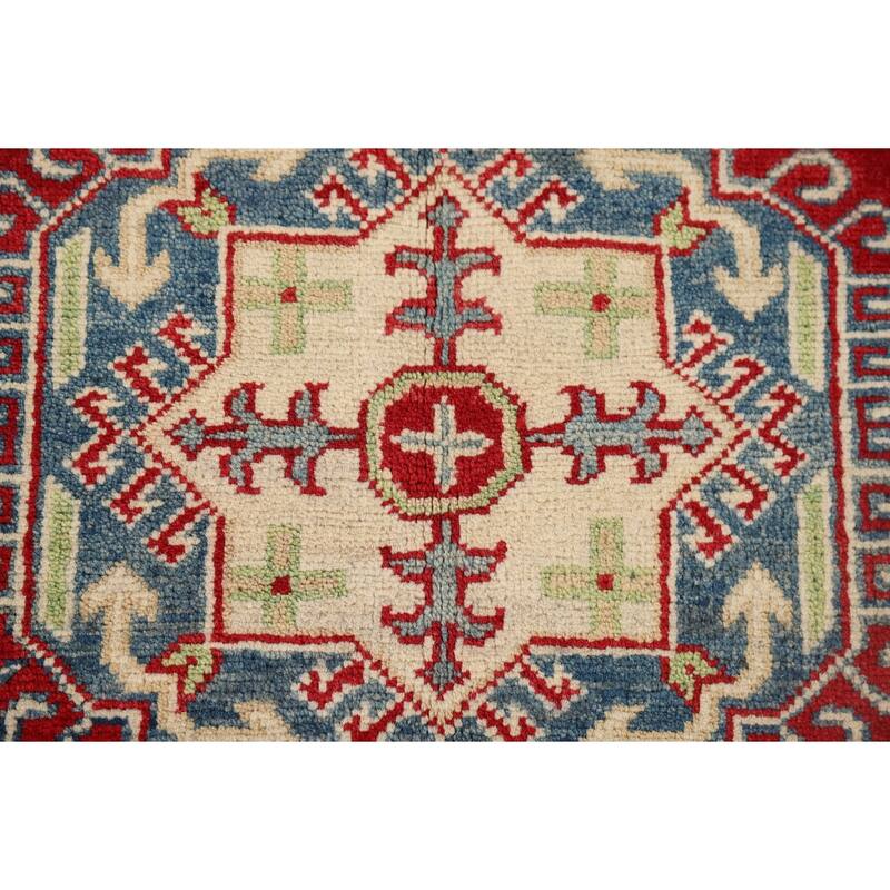 Red Geometric Kazak Rug Hand-Knotted Wool Carpet - 3'5" x 5'0"