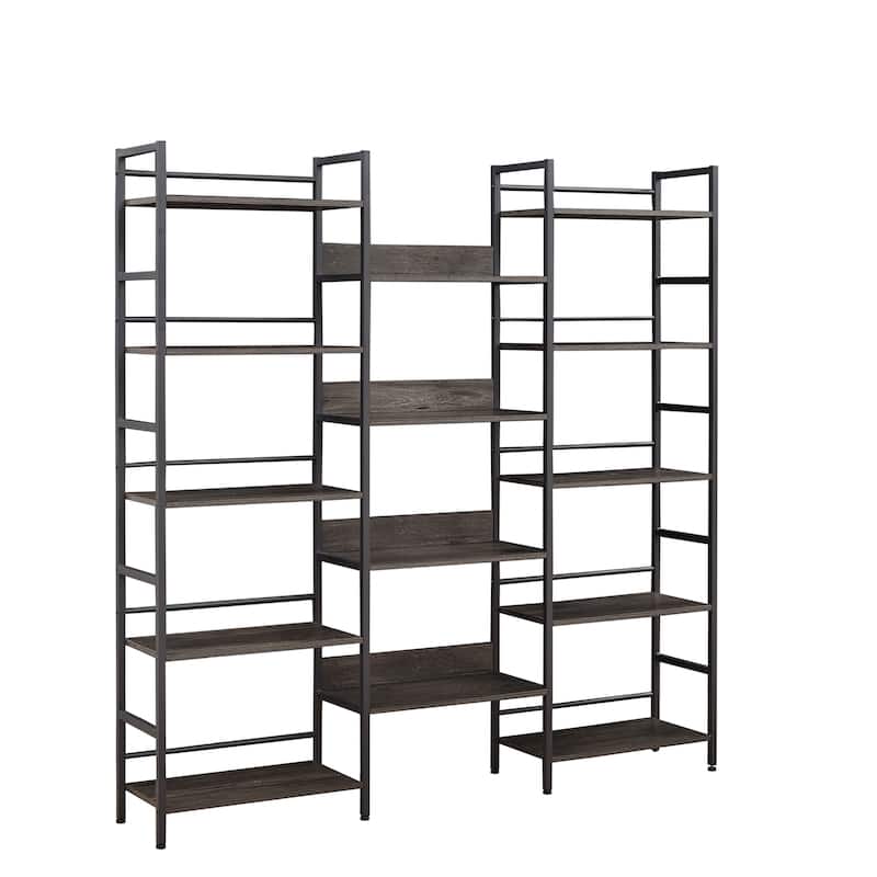 Triple Wide 5-shelf Bookshelves Industrial Retro Wooden Style Open Bookshelves