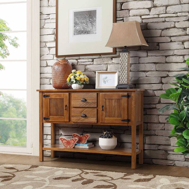 48" Solid Wood Hall Table Console with 2 Drawers and Cabinets and Bottom Shelf