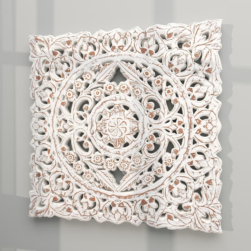 White Wooden Handmade Intricately Carved Floral Home Wall Decor with Mandala Design