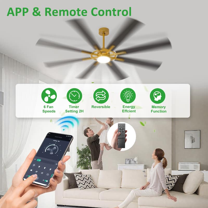Modern 72 Inch 8 Blade Outdoor large Ceiling Fans with Lights: Dimmable Indoor Reversible 6 Speed Quiet DC Motor