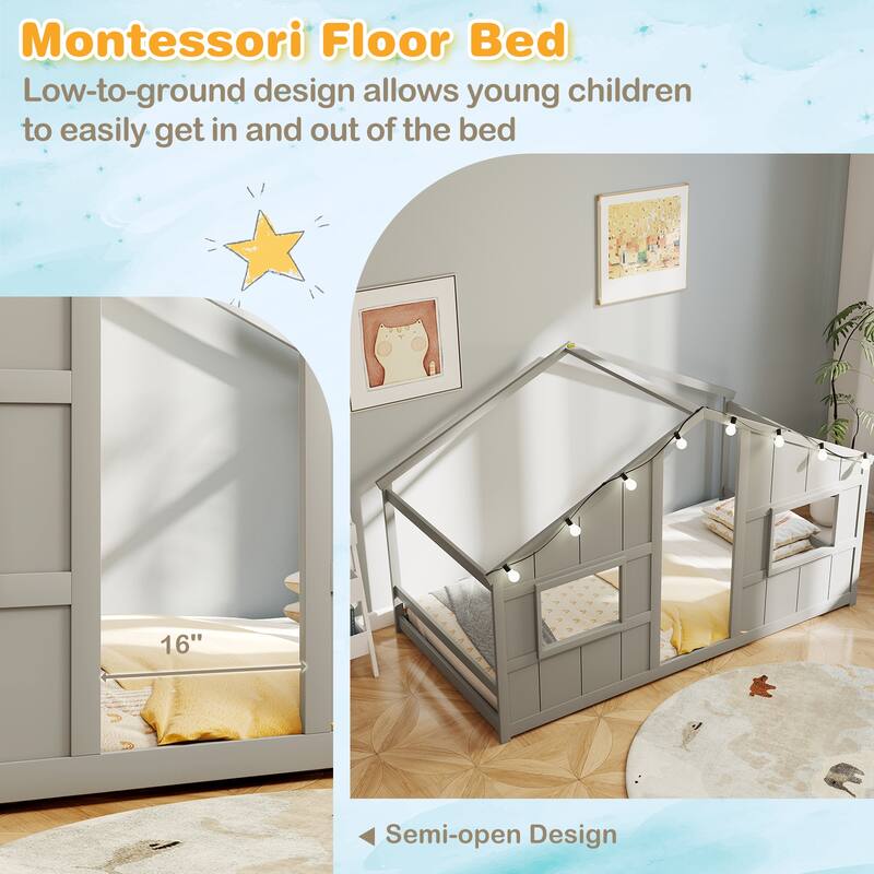 Twin Size Kids Floor Bed with LED Lights and Solid Wooden Montessori House Design