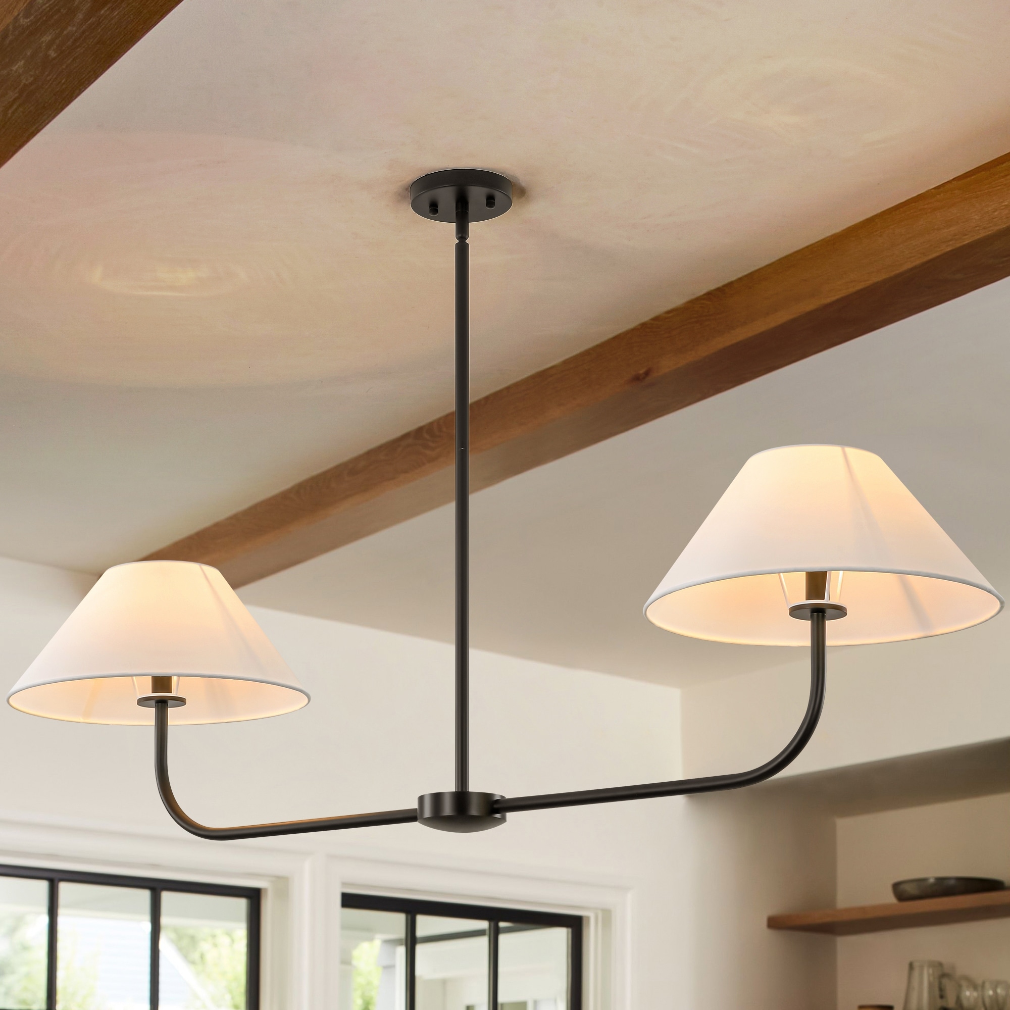 Rennnsan 2-Light Modern Black/Gold Linear Fabric Cone Large Pendant Light for Kitchen Island