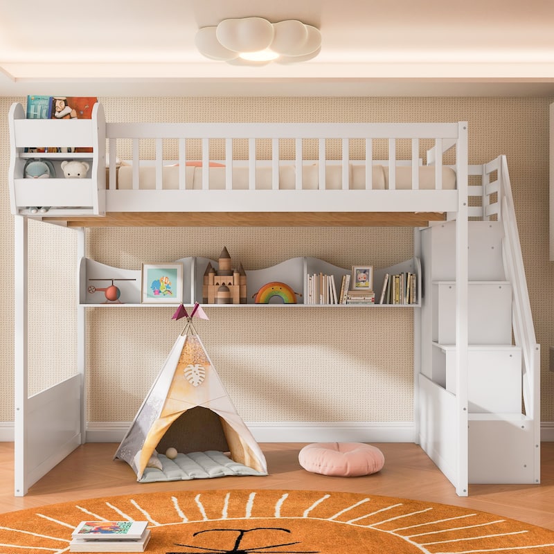 Queen Wooden Loft Bed with Storage Staircase Wardrobe, 2 Side Shelves, 3 Storage Shelves and Versatile Under-Bed Space