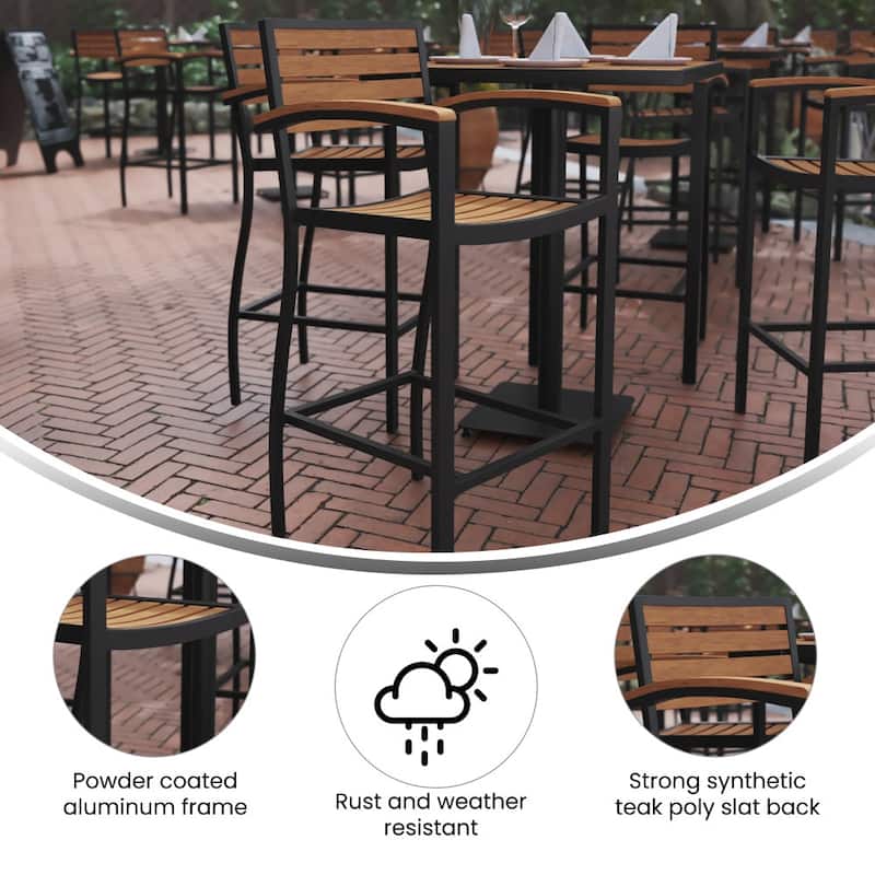 Commercial Grade Outdoor Bar Stool with Armrests and Poly Resin Slats