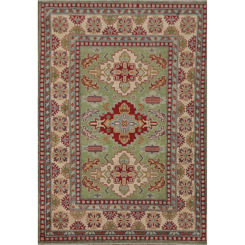 Light Green Geometric Kazak Area Rug Handmade Wool Carpet - 5'0" x 7'0"